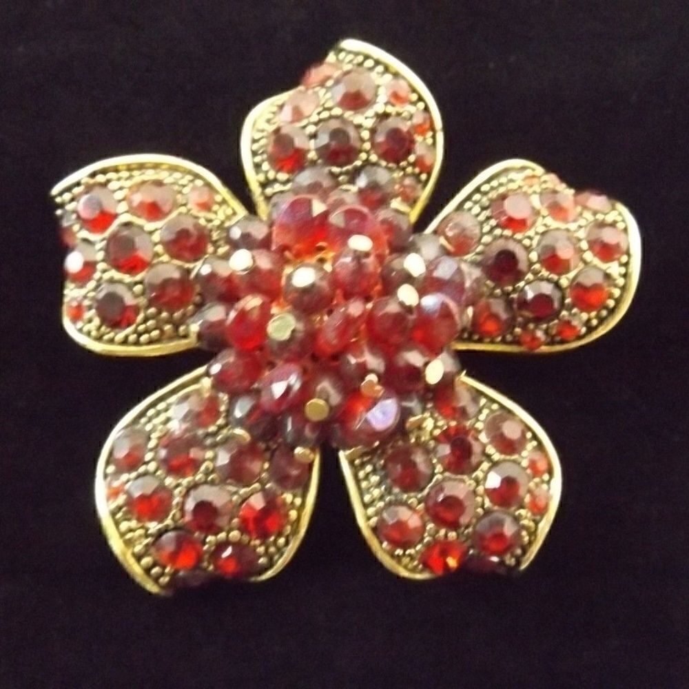 Liz Claiborne Red Flower Rhinestone Gold Brooch